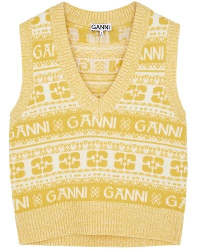 Ganni Striped Logo-intarsia Wool-blend Vest - Yellow