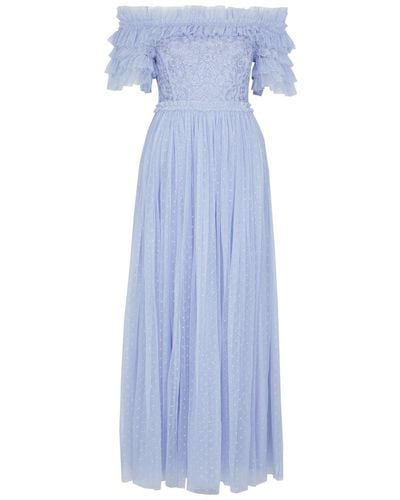 Needle & Thread Midsummer Floral-Embroidered Tulle Gown - Blue