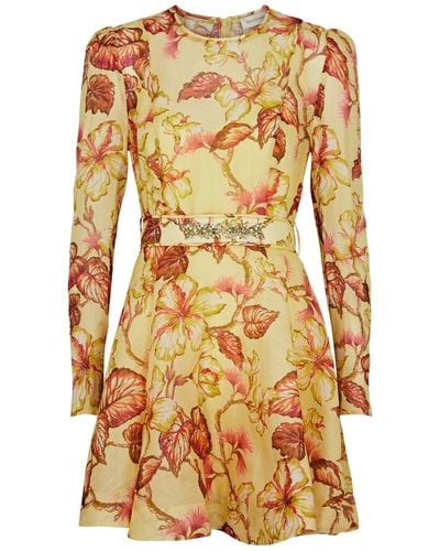 Zimmermann Matchmaker Floral-print Linen-blend Mini Dress - Metallic