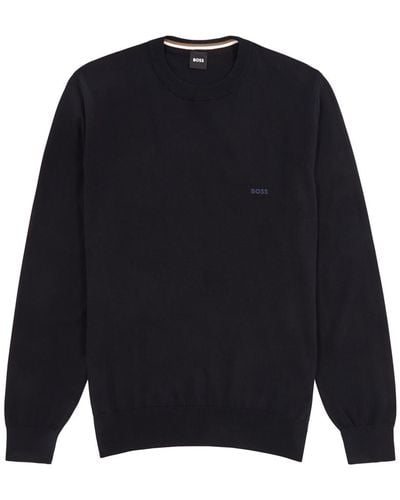 BOSS Logo-Embroidered Knitted Jumper - Blue