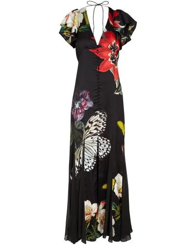 Alice + Olivia Fara Floral-Print Satin Maxi Dress - Black