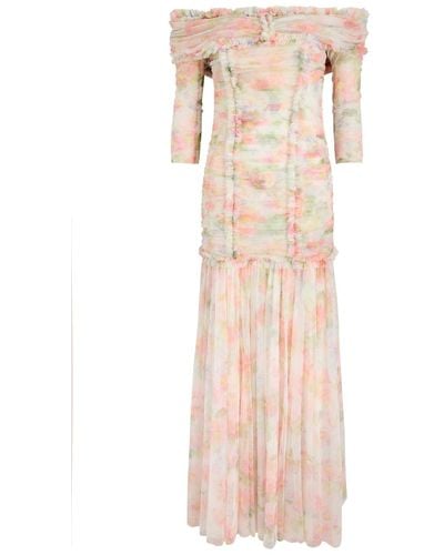 Needle & Thread Immortal Rose Printed Off-The-Shoulder Chiffon Gown - Natural
