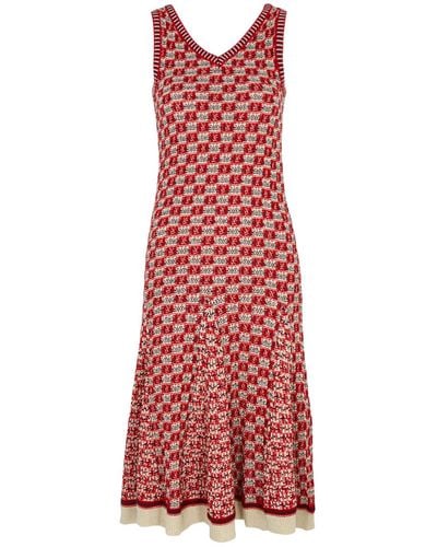 Wales Bonner Soar Checked Knitted Cotton Midi Dress - Red