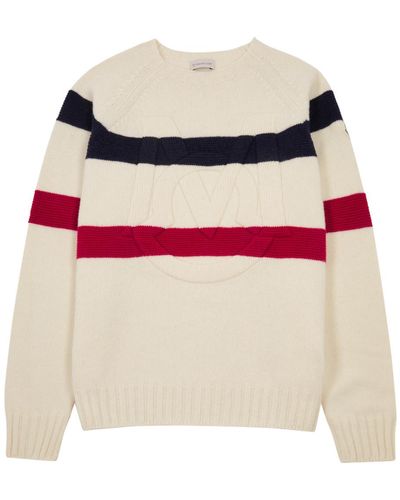 Moncler Striped Logo Wool And Cashmere-blend Sweater - Pink