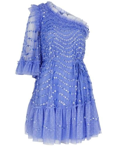 Needle & Thread Shimmer Wave Sequin-Embellished Tulle Mini Dress - Blue