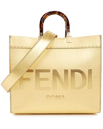 Fendi Sunshine Gold Logo Leather Tote - Metallic