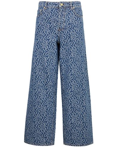 Ganni Floral-jacquard Wide-leg Jeans - Blue
