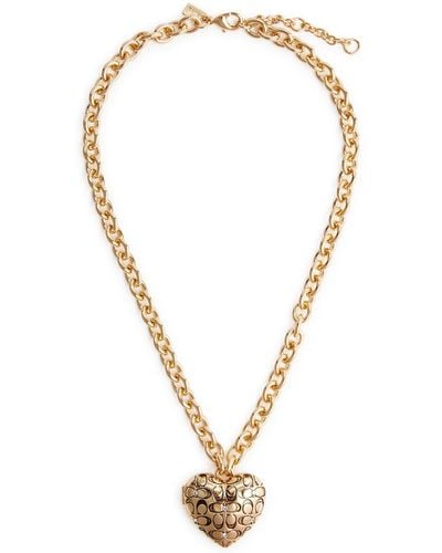 COACH Logo-engraved Heart Locket Necklace - Metallic