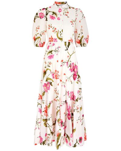 Erdem Floral-Print Tiered Seersucker Maxi Dress - White