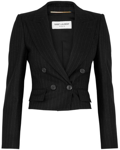 Saint Laurent Pinstriped Cropped Wool-blend Blazer - Black