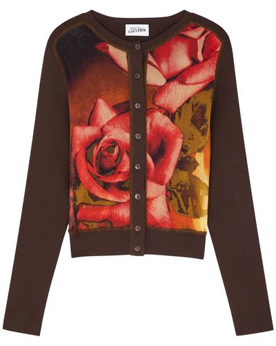 Jean Paul Gaultier Roses Printed Tulle And Knitted Cardigan - Red