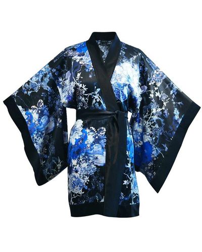 Meng Womens Black Blue Floral Silk Satin Unlined Short Kimono