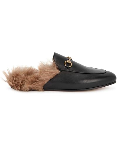 Gucci Princetown Fur-Trimmed Leather Loafers - Brown