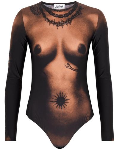 Jean Paul Gaultier Body Tattoo Printed Jersey Bodysuit - Black