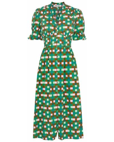 Diane von Furstenberg Erica Checked Stretch-Cotton Midi Dress - Green