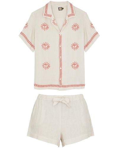 Desmond & Dempsey Helios Embroidered Linen Pyjama Set - White
