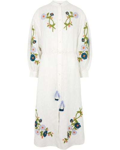 Hannah Artwear Everly Floral-Embroidered Linen Shirt Dress - White