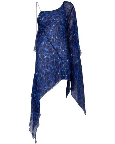 KNWLS Asymmetric Printed Silk-georgette Dress - Blue