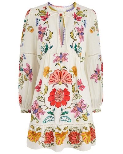 FARM Rio Floral Insects Printed Linen-Blend Mini Dress - White
