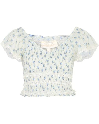 LoveShackFancy Beaming Floral-Print Smocked Cotton Top - White