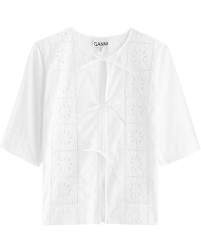 Ganni Broderie Anglaise Tie-Front Cotton Top - White