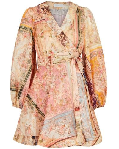 Zimmermann Floral-print Linen Wrap Mini Dress - Pink