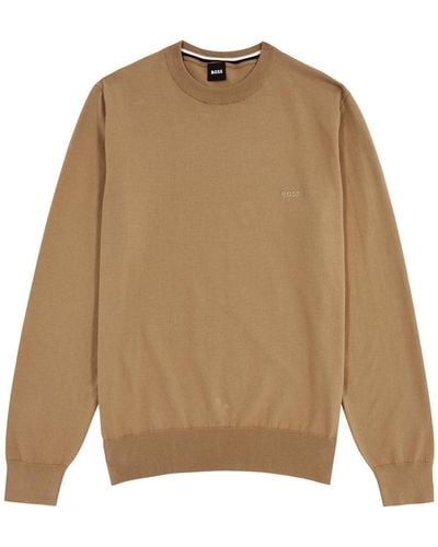 BOSS Logo-Embroidered Knitted Jumper - Natural