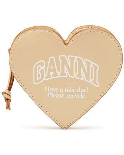 Ganni Heart Logo-print Leather Coin Purse - Natural