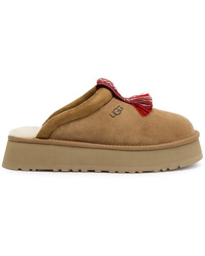 UGG Tazzle Embroidered Suede Flatform Slippers - Brown