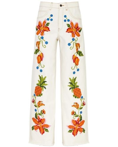 FARM Rio Floral Embroidered Wide Leg Jeans - White