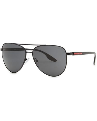 Prada Linea Rossa Aviator-Style Sunglasses, Metal, Designer-Engraved Polarised Lenses - Grey