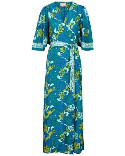 Hannah Artwear Antonia Printed Silk Maxi Wrap Dress - Blue