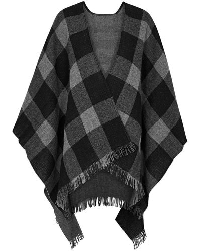 Eileen Fisher Checked Fringed Wool Poncho - Black