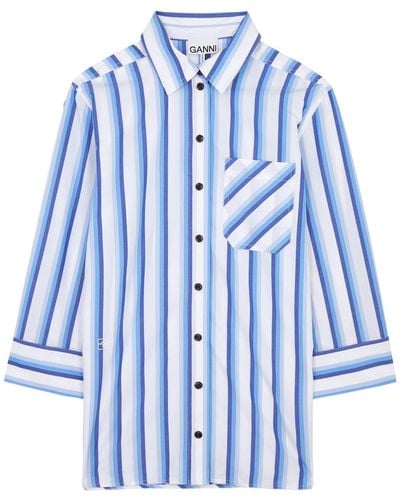 Ganni Striped Cotton-Poplin Shirt - Blue