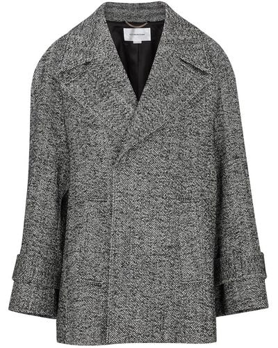 Victoria Beckham Herringbone Wool-blend Pea Coat - Grey