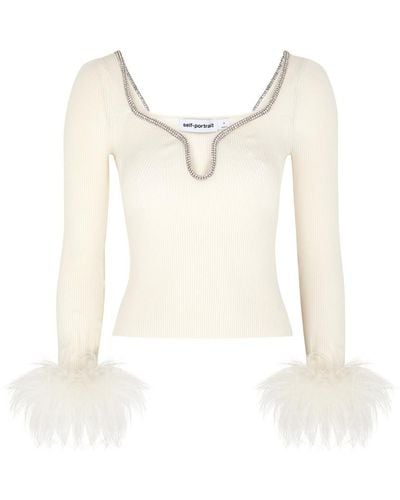 Self-Portrait Feather-trimmed Ribbed-knit Top - White