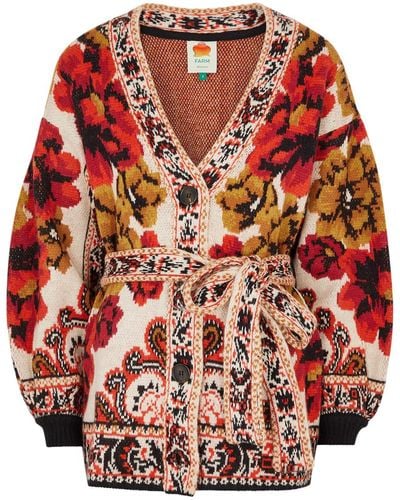 FARM Rio Winter Tapestry Intarsia Knitted Cardigan - Red