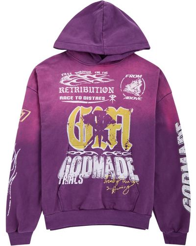 God Made Retribution Printed Hooded Cotton Sweatshirt - Purple