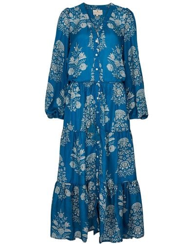 Hannah Artwear Larisa Floral-print Silk Midi Dress - Blue