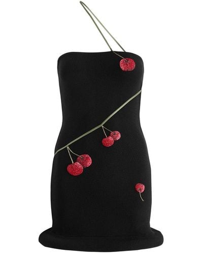 Leslie Amon Cherry-Embellished Seersucker Mini Dress - Black