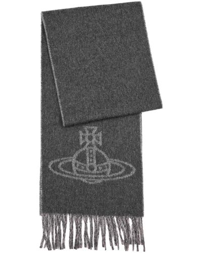 Vivienne Westwood Orb-intarsia Fringed Wool Scarf - Grey