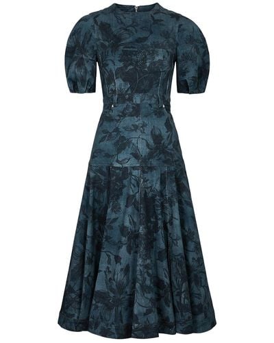 Erdem Lorelei Floral-print Stretch-denim Midi Dress - Blue