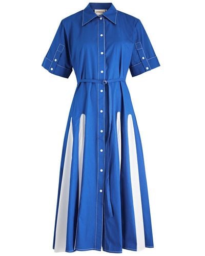 LOVEBIRDS Colour-Blocked Cotton-Poplin Midi Shirt Dress - Blue