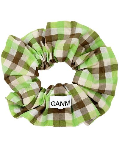 Ganni Checked Seersucker Scrunchie - Green