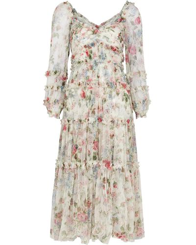 Needle & Thread Floral Fantasy Printed Tulle Midi Dress - Natural