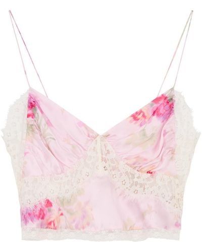 LoveShackFancy Spritely Printed Silk And Lace Top - Pink