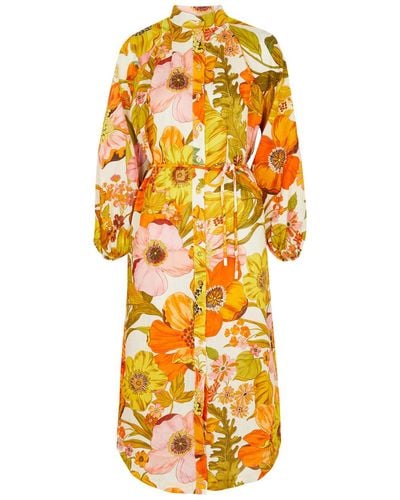 ALÉMAIS Silas Floral-print Linen Midi Dress - Orange