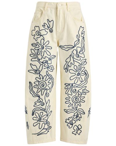 Free People Good Luck Soutache Cropped Barrel-Leg Jeans - White