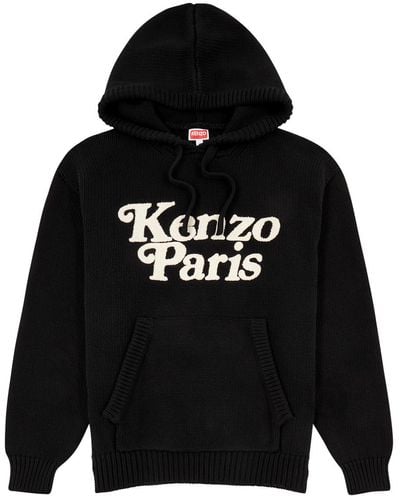 KENZO Logo Hooded Knitted Cotton Sweatshirt - Black