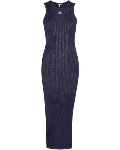 Loewe Anagram Glittered Ribbed-Knit Midi Dress - Blue